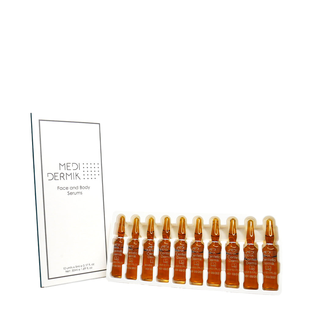Set of Medi-Dermik serum bottles with a packaging box on a white background