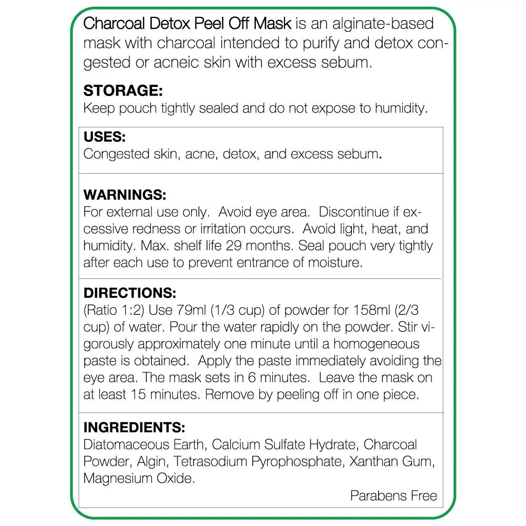Instructions and information about a Charcoal Detox Peel Off Mask on a white background