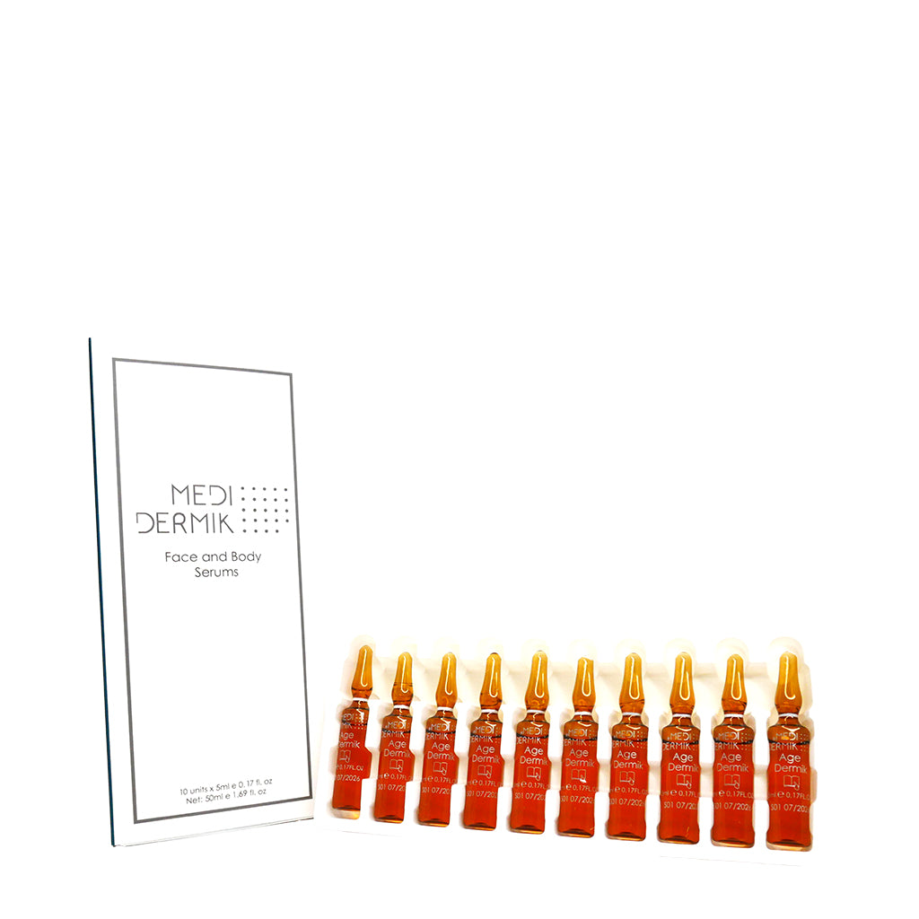 Medidermik face and body serums with packaging on a white background