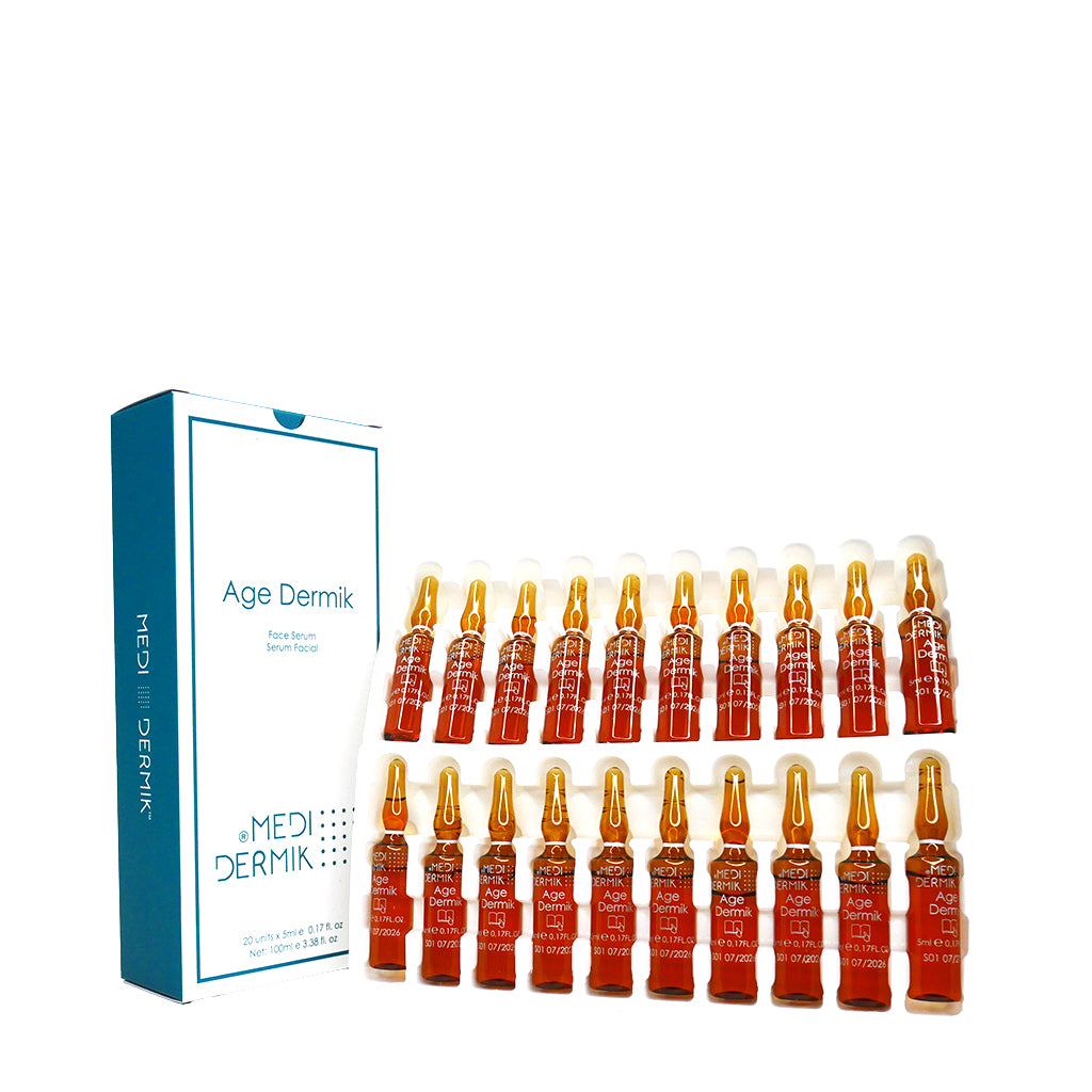 Medi Dermik Age Dermik skincare serum set with ampoules and packaging on a white background