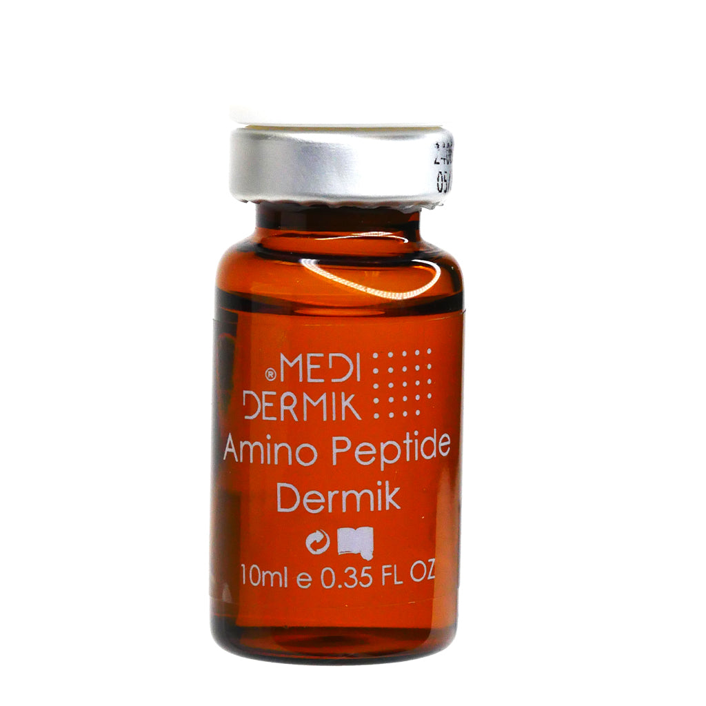 Amber glass bottle labeled 'MEDI DERMIK Amino Peptide Dermik' on a white background