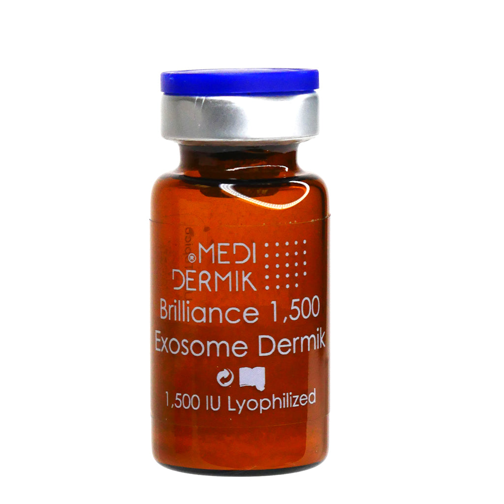 Amber glass bottle with blue cap labeled 'MEDI DERMIK Brilliance 1,500 Exosome Dermik' on a white background