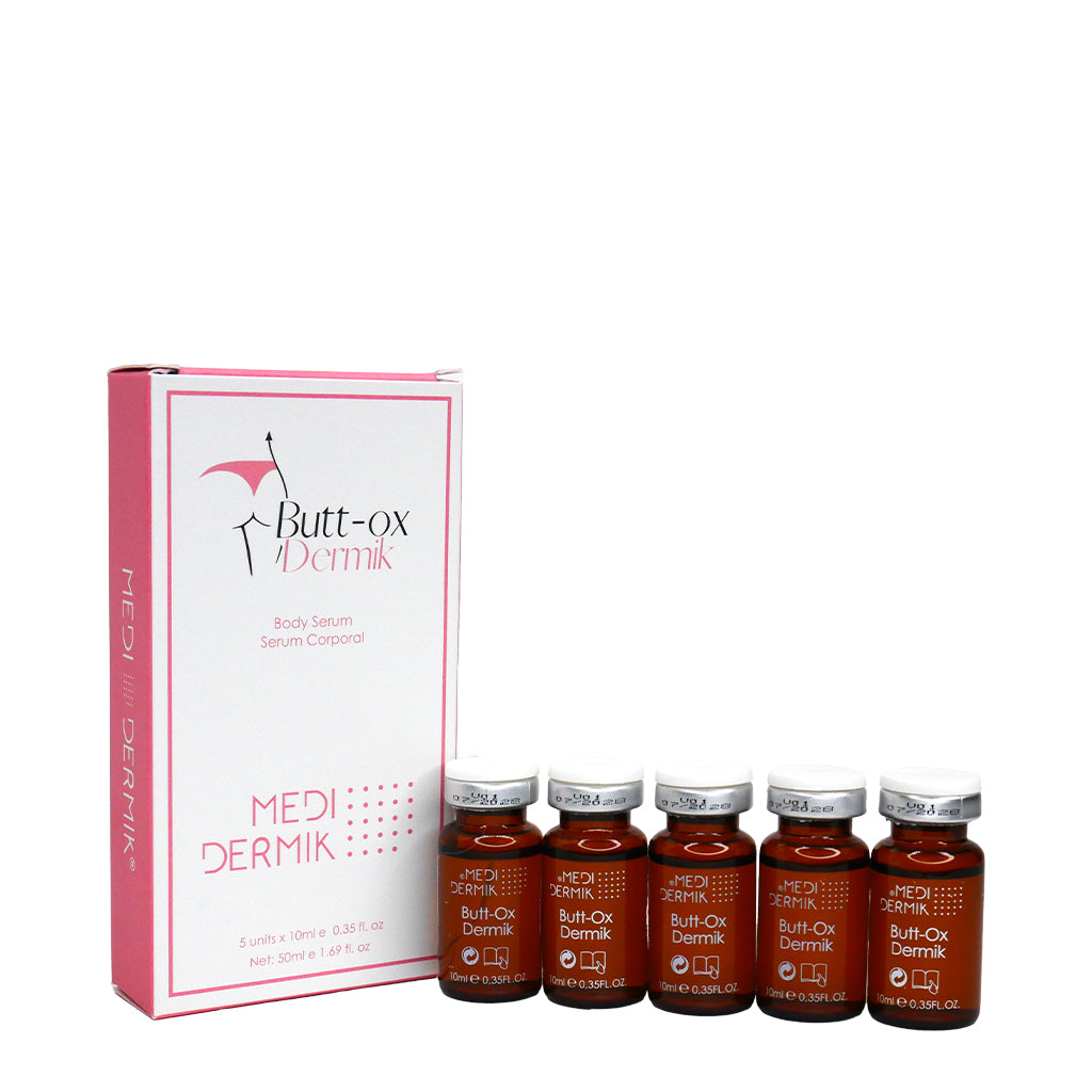 Medidermik Butt-Ox Dermik product packaging with serum bottles on a white background