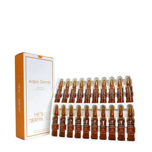 Medi Dermik Adipo Dermik skincare product packaging with ampoules on a white background
