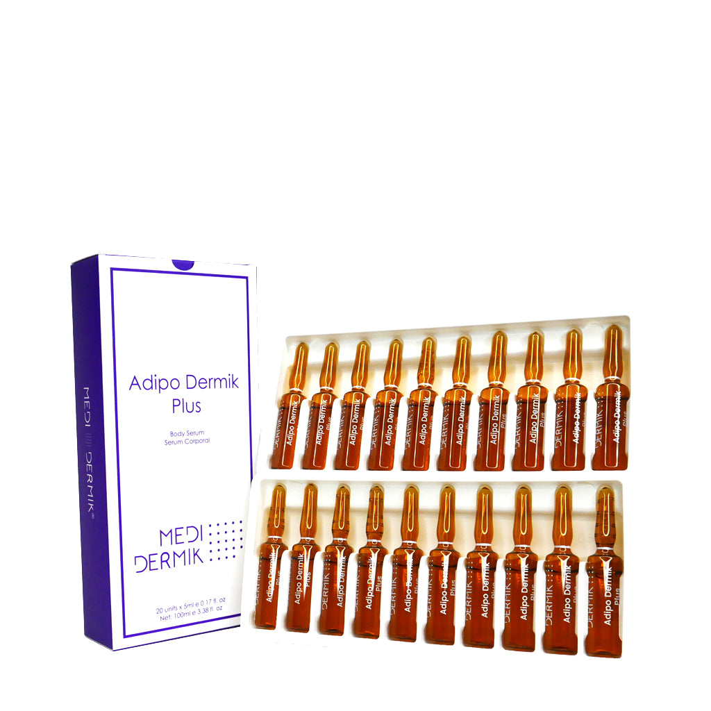 Medidermik Adipo Dermik Plus skincare product set with ampoules and packaging on a white background