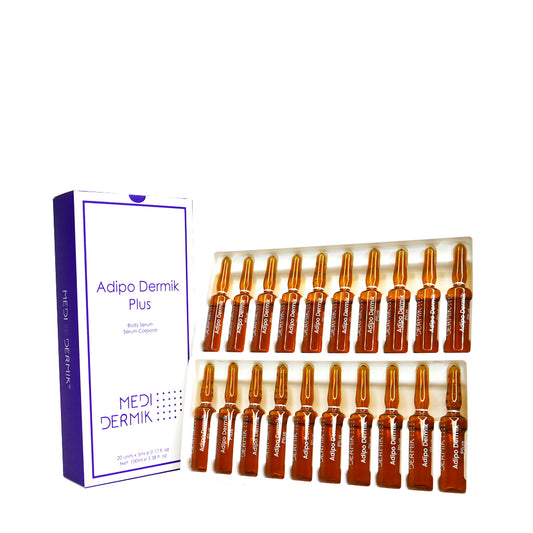Medidermik Adipo Dermik Plus skincare product set with ampoules and packaging on a white background