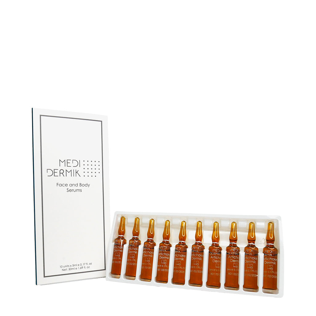 Set of Medi-Dermik face and body serums with packaging on a white background