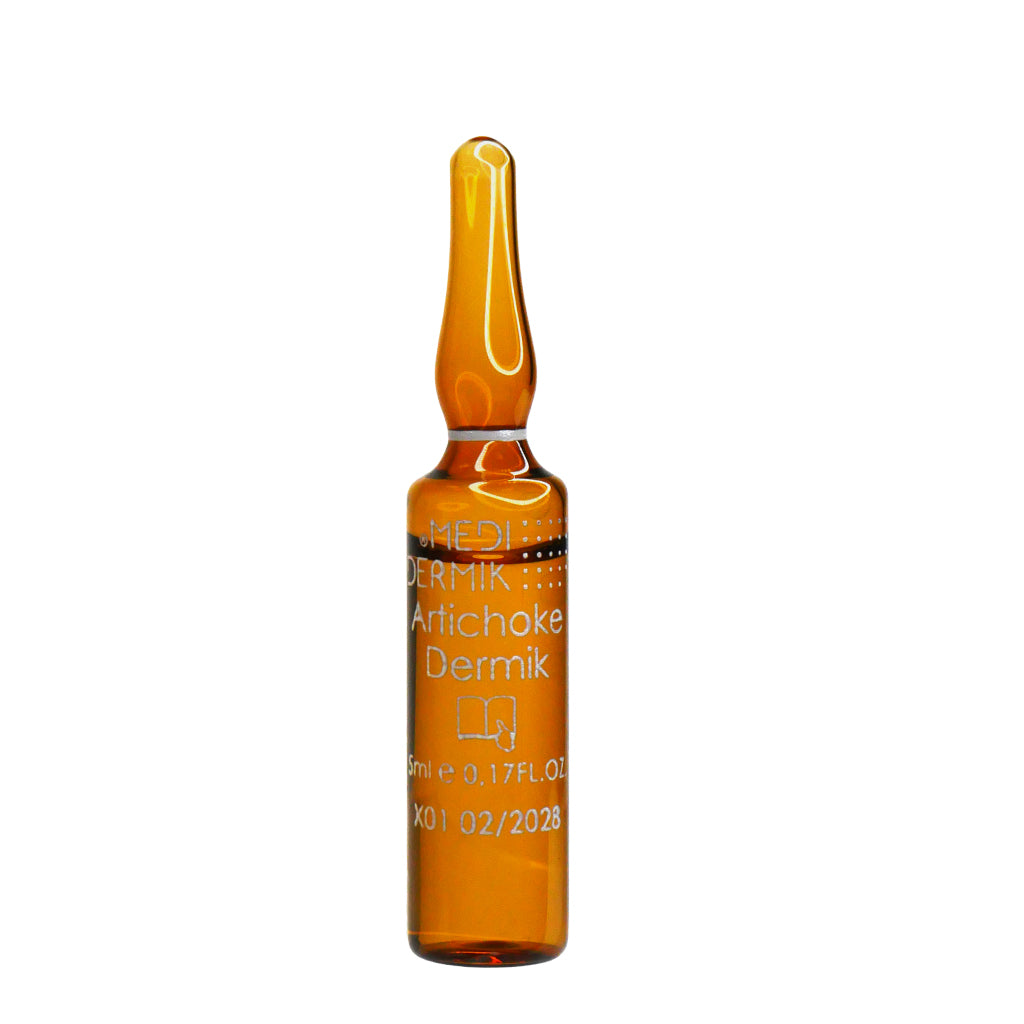 Amber glass bottle with 'Dermik' branding on a white background