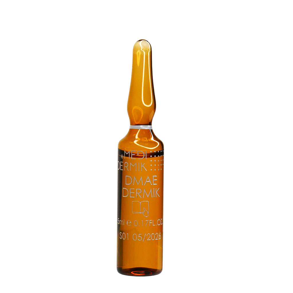 Amber glass bottle with a label on a white background