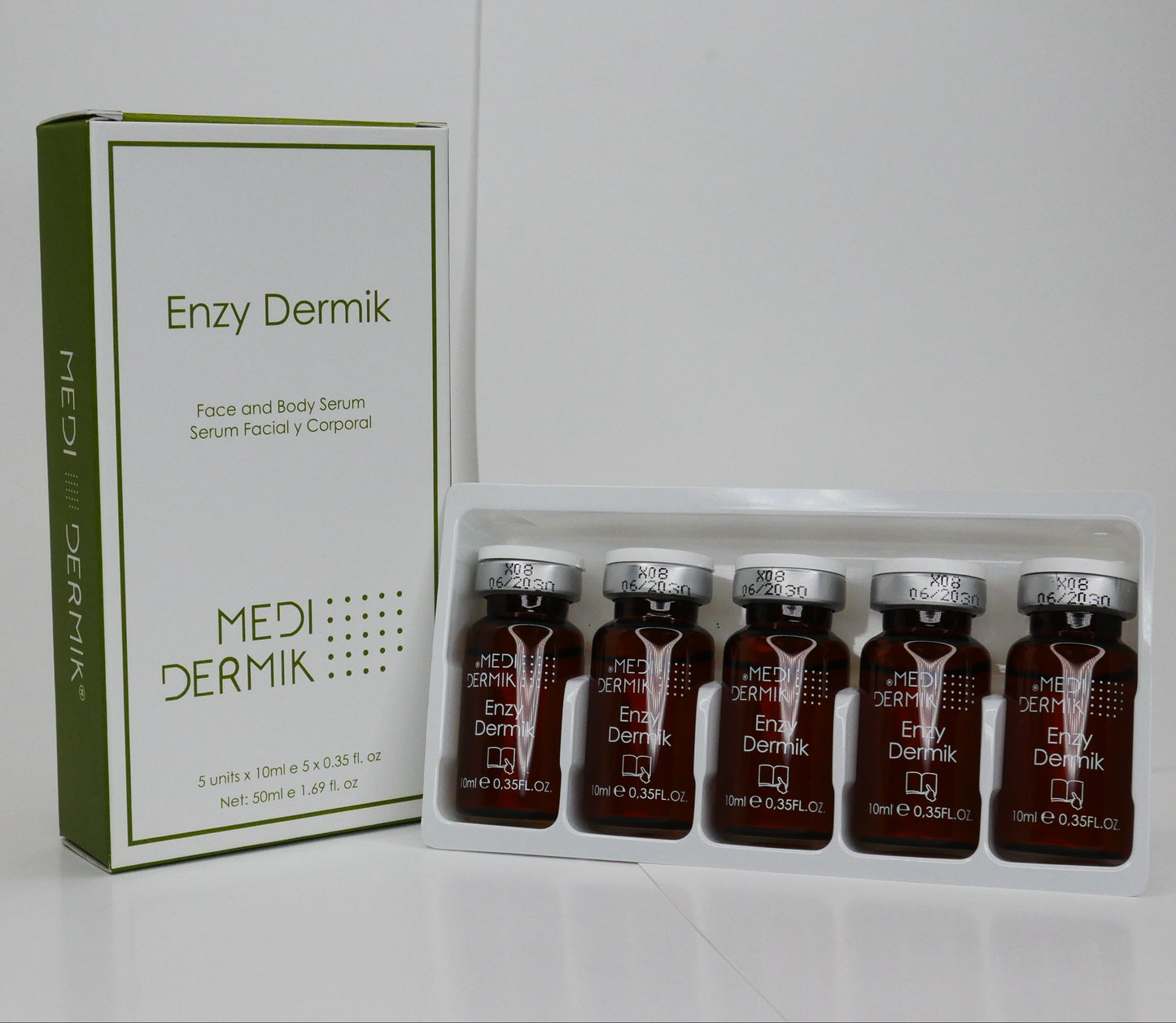 Packaging of Enzy Dermik with six bottles on a white background