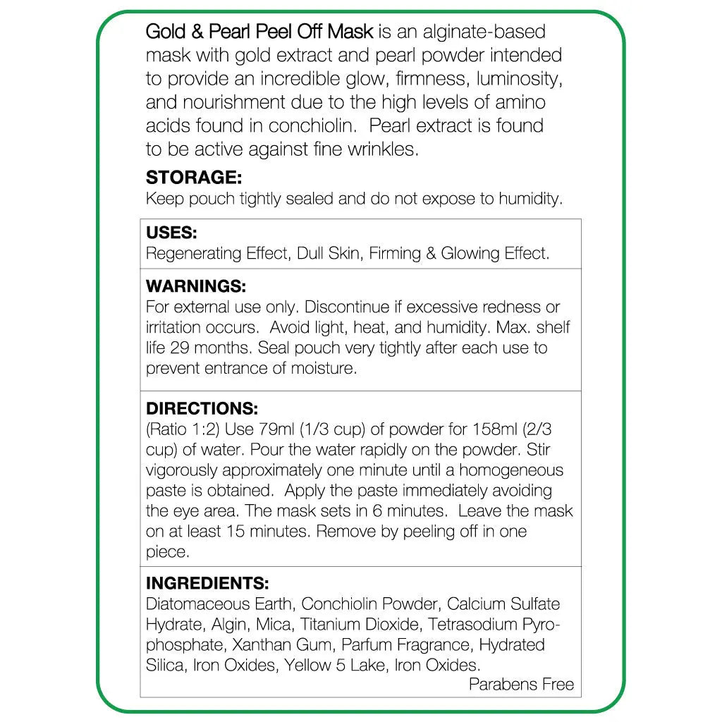 Product label for Gold & Pearl Peel Off Mask with storage, usage, warning, and ingredient information.