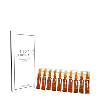 Medidermik serum bottles with packaging on a white background