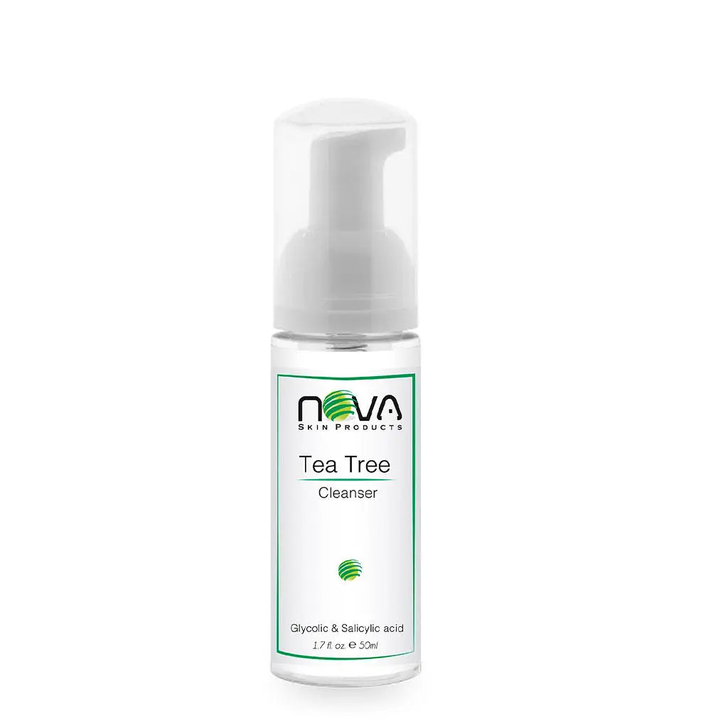 Foam bottle of Tea Tree Cleanser by Nova Skin Products on a white background