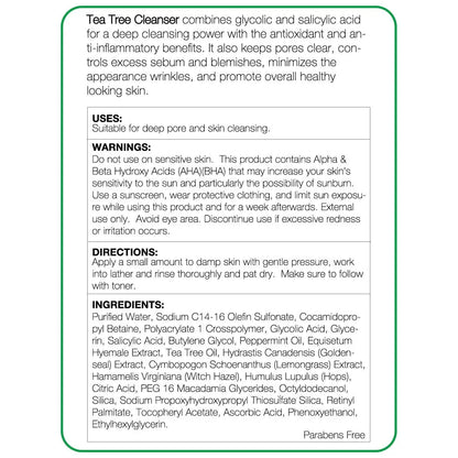 Product label for Tea Tree Cleanser with text on a white background
