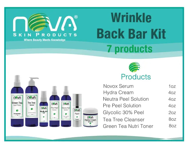 Nova Skin Products Wrinkle Back Bar Kit packaging with product list and images.