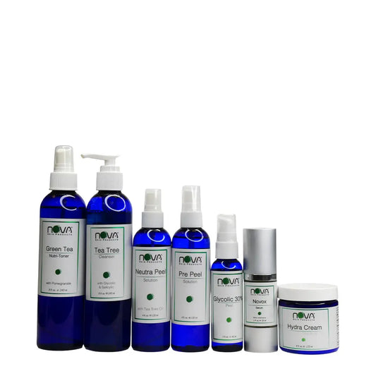 Collection of Nova skincare products on a white background