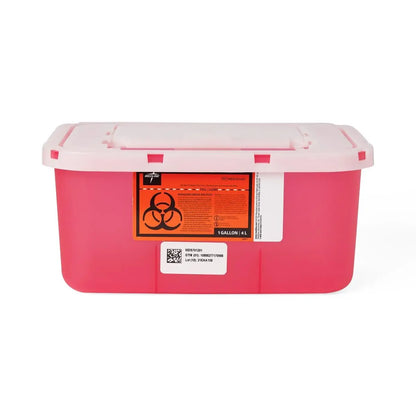 Red medical waste bin with biohazard symbol on a white background