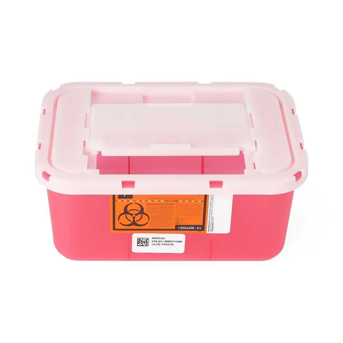 Pink medical sharps container with biohazard label on a white background
