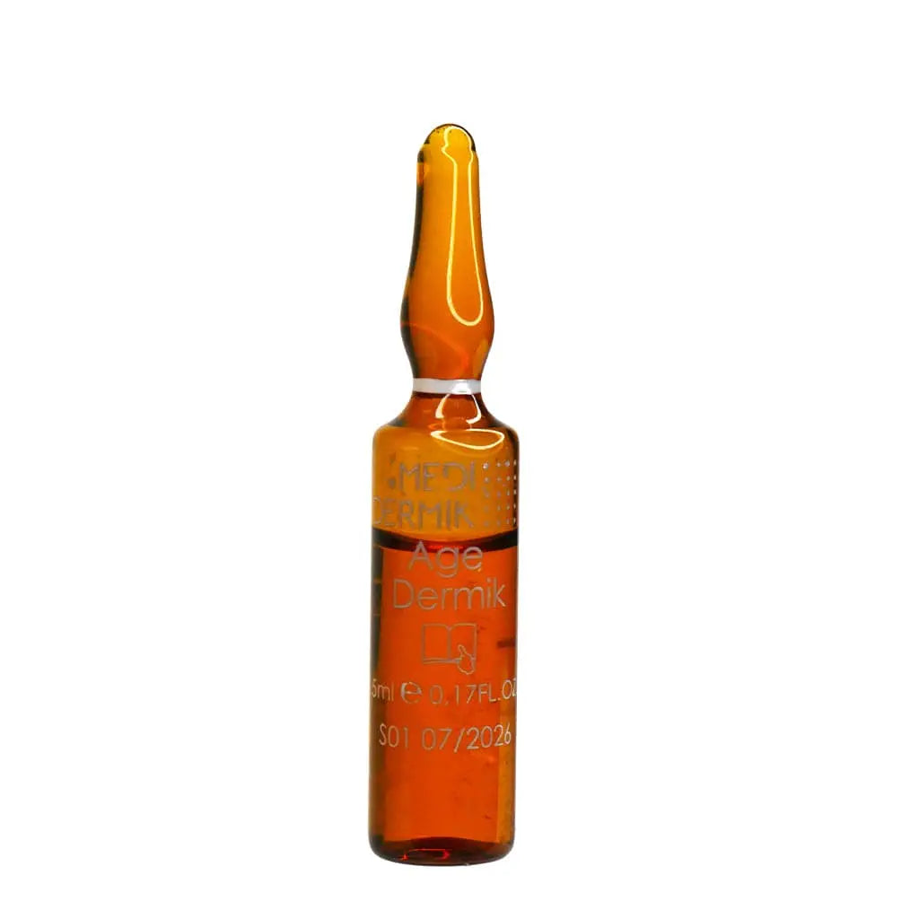 Amber glass bottle with visible branding on a white background