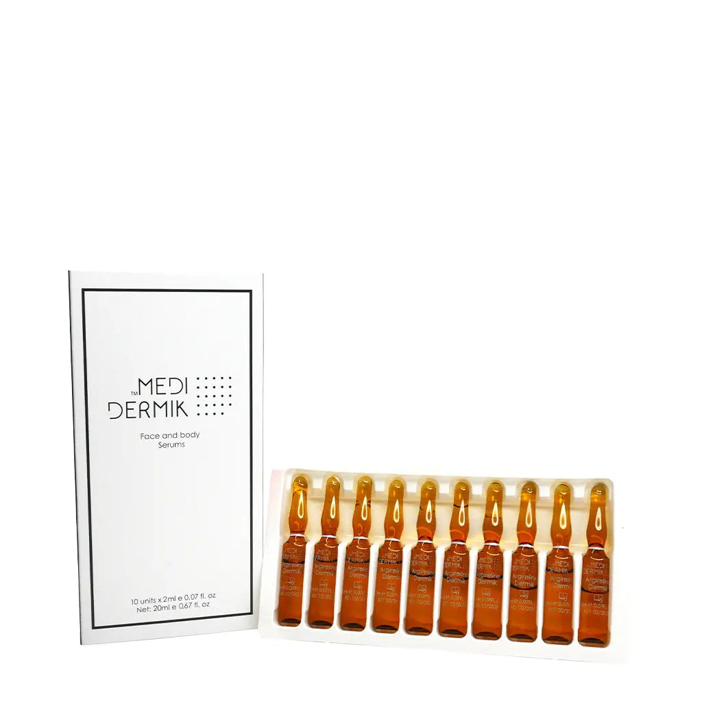 Set of Medidermik skincare ampoules on a white background