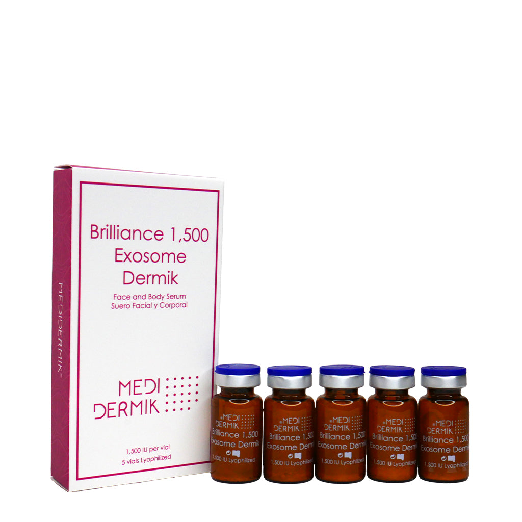MEDI-DERMik Brilliance 1.500 Exosome Dermik packaging with serum bottles on a white background