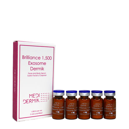 MEDI-DERMik Brilliance 1.500 Exosome Dermik packaging with serum bottles on a white background