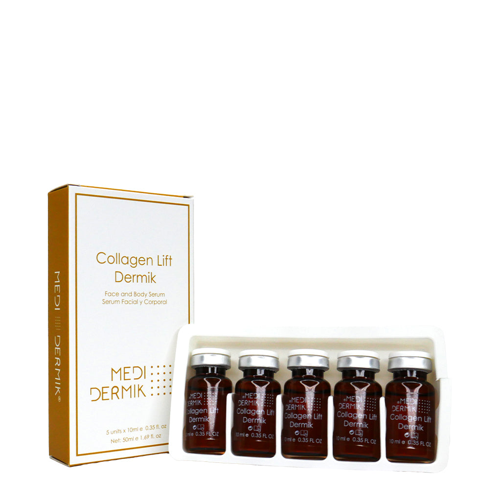 Set of Mediderm Collagen Lift Dermik serum bottles with packaging on a white background