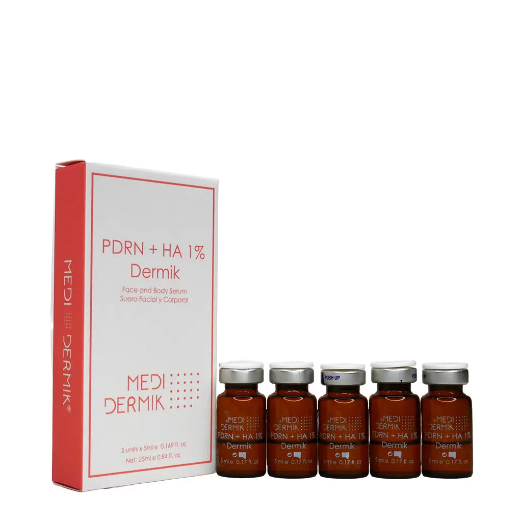 Medidermik skincare product set with bottles and packaging on a white background