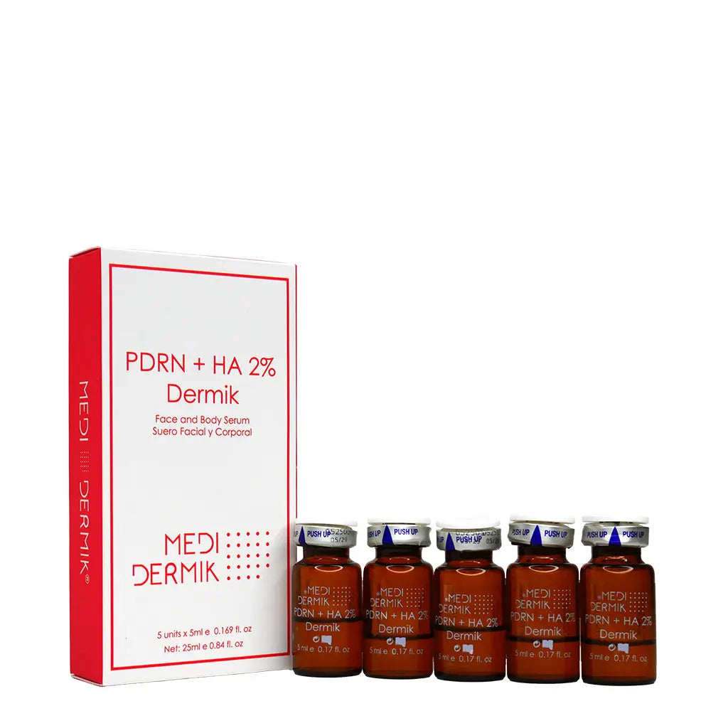 Medidermik skincare product set with bottles and packaging on a white background