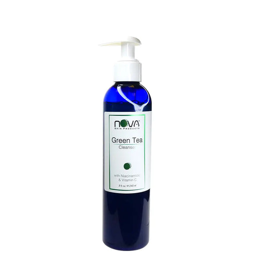 Blue bottle of Nova Green Tea Cleanser on a white background