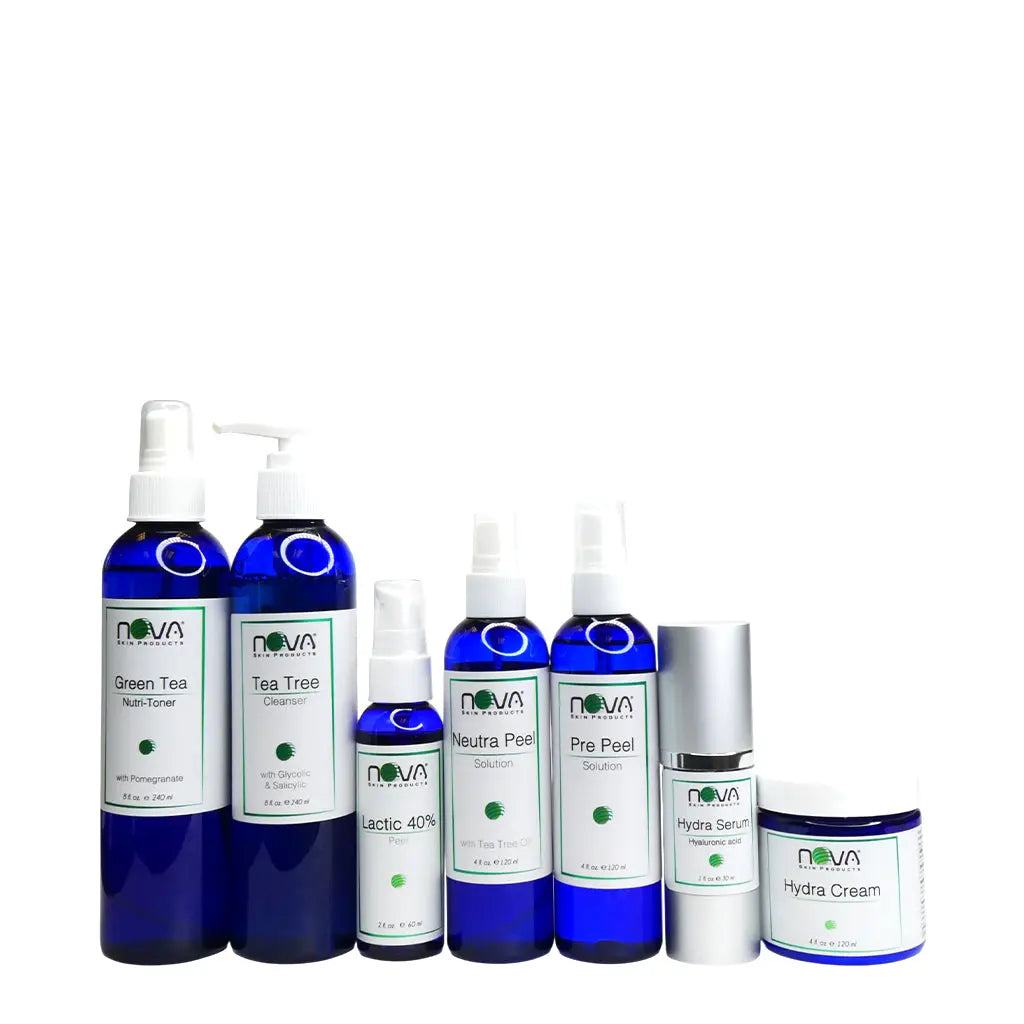 Collection of Nova skincare products on a white background