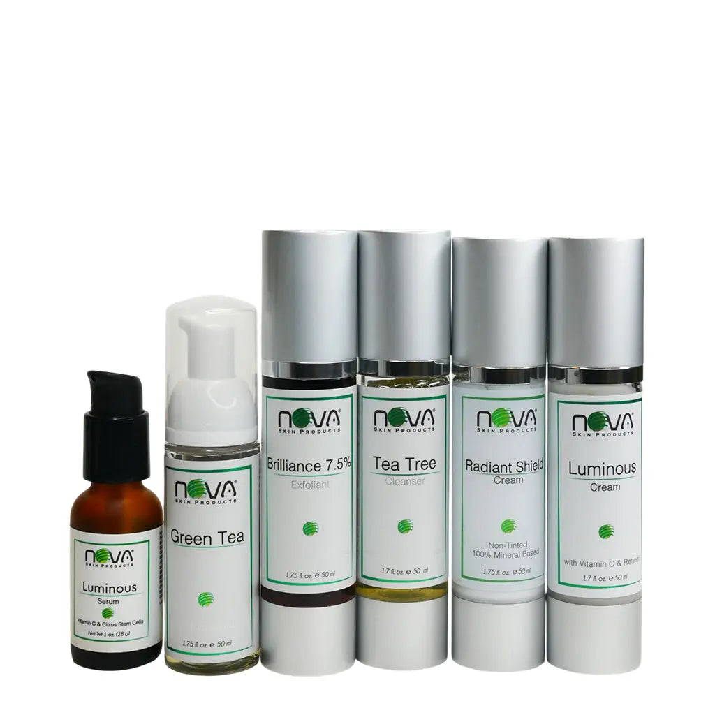 Collection of Nova skin care products on a white background