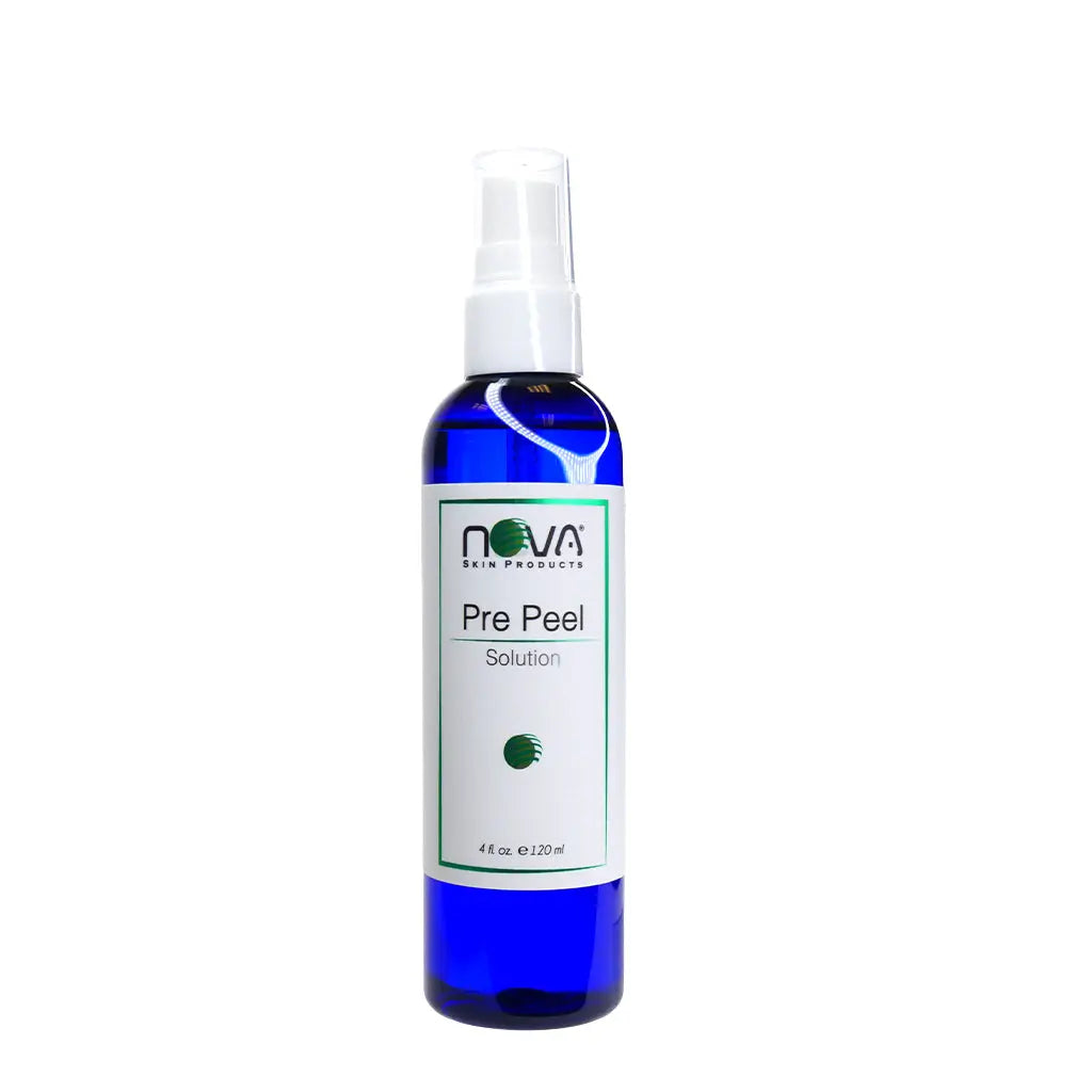 Blue spray bottle labeled 'Nova Pre Peel Solution' on a white background