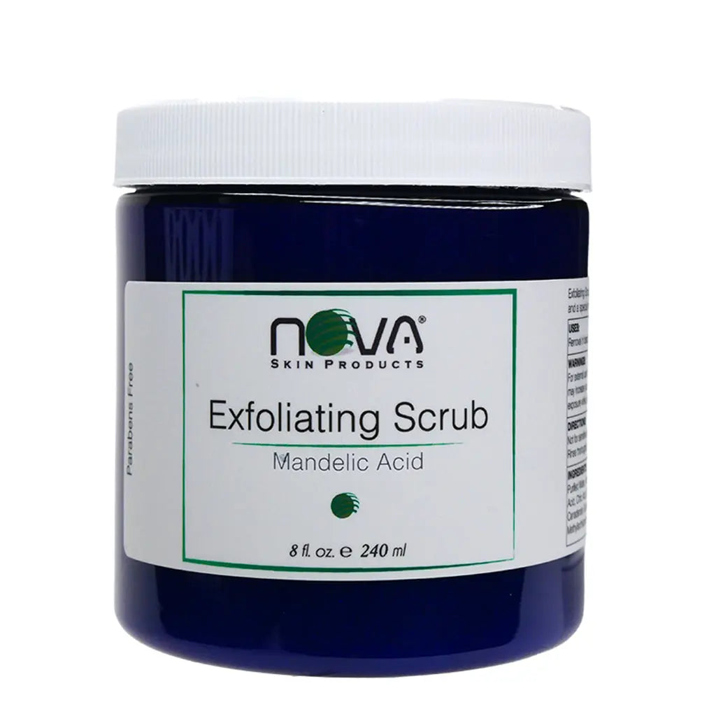 Blue jar of Nova Exfoliating Scrub with a white label on a white background