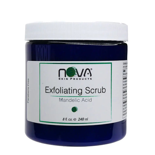 Blue jar of Nova Exfoliating Scrub with a white label on a white background