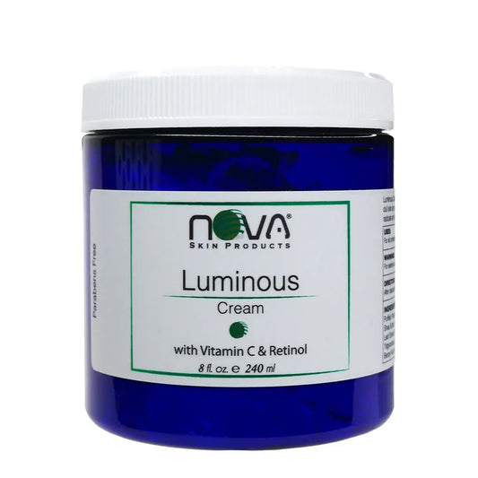 Blue jar of Nova Luminous Cream with Vitamin C & Retinol on a white background