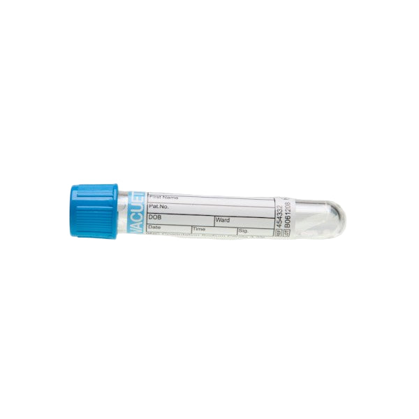 Clear test tube with blue cap on a light gray background